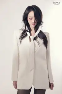 Elegant Muse in Black Sheer Stockings & White Blazer-6