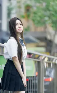Charming Schoolgirl Embraces Street Style with Classic Uniform.-7