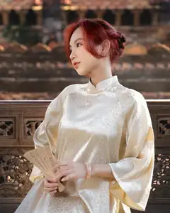 Vietnamese Ao Dai: Graceful Beauty of a Young Woman Amidst Ancient Architecture Under Warm Sunlight-7