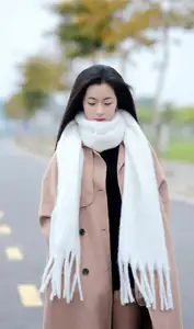 Captivating Autumn Winter Charm: Pensive Girl with Pure White Scarf, Elegant Street Style-0