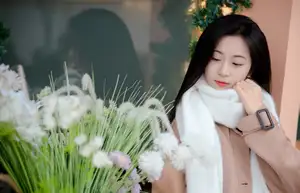 Captivating Autumn Winter Charm: Pensive Girl with Pure White Scarf, Elegant Street Style-2