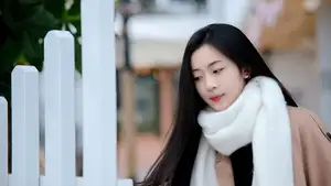 Captivating Autumn Winter Charm: Pensive Girl with Pure White Scarf, Elegant Street Style-3