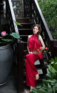 Captivating Asian Girl in Red: Serene Lotus & Rustic Wooden Stairs Scene-3