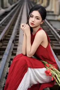 Gentle Vietnamese Girl in Red by Old Railway Bridge: Elegant Asian Beauty-8