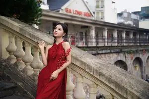 Gentle Vietnamese Girl in Red by Old Railway Bridge: Elegant Asian Beauty-4