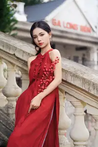 Gentle Vietnamese Girl in Red by Old Railway Bridge: Elegant Asian Beauty-0