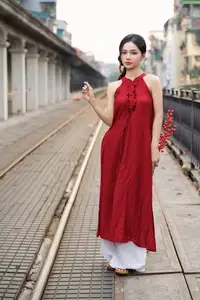 Gentle Vietnamese Girl in Red by Old Railway Bridge: Elegant Asian Beauty-1