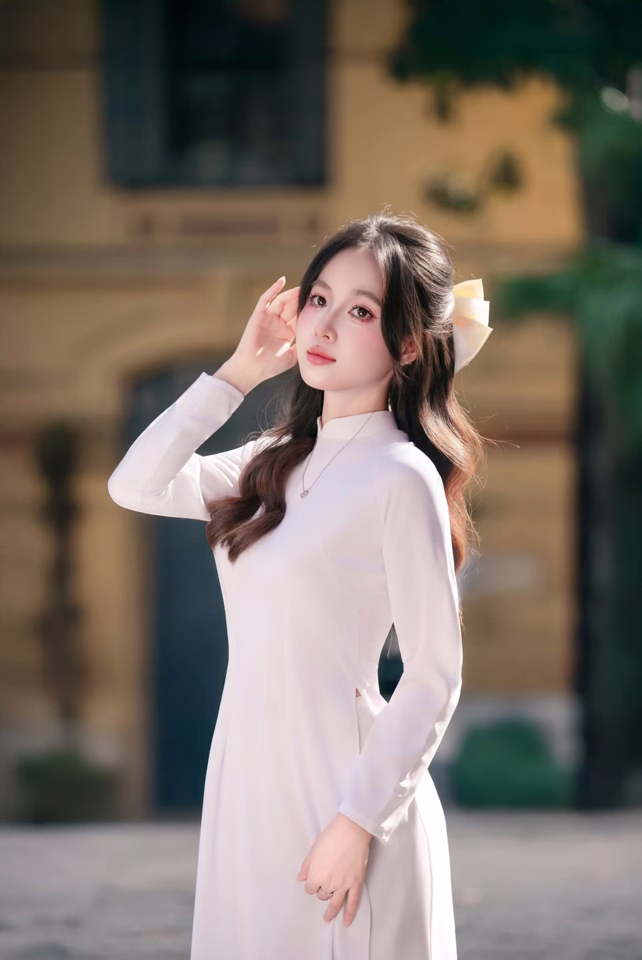 VGU No.57: Elegant Vietnamese Student in White Ao Dai, Pure Beauty Captivates.-1