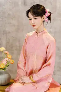 Elegant Asian Charm: Serene Young Woman in Traditional Pink Attire with Delicate Fresh Flowers-7
