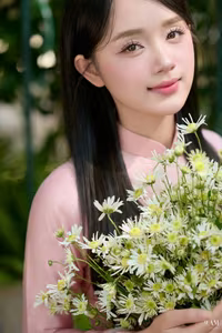 VGU No.49: Vietnamese Grace: Lady in Pink Ao Dai with Pure White Flowers-0