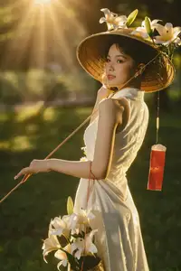 Serene Vietnamese Beauty in White Ao Dai with Lilies: A Golden Hour Portrait 1000025192-8