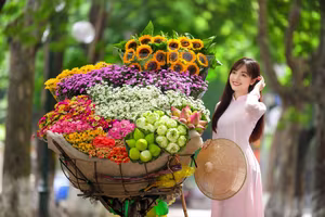 XVG No.23: Enchanting Vietnamese Ao Dai Beauty with Vibrant Flower Bicycle on a Green Street-13