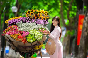 XVG No.23: Enchanting Vietnamese Ao Dai Beauty with Vibrant Flower Bicycle on a Green Street-12