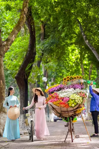 XVG No.23: Enchanting Vietnamese Ao Dai Beauty with Vibrant Flower Bicycle on a Green Street-4