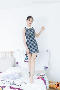 Chinese Model No.2327 Xiao You: Elegant Plaid Dress & Sheer Stockings. Gentle Fashion, Captivating Charm in a Minimalist Setting.-3