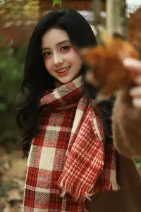 VGU No.185: Gentle Autumn Charm: A Girl's Radiant Smile in a Warm Plaid Scarf-2