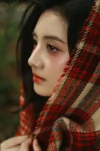 VGU No.185: Gentle Autumn Charm: A Girl's Radiant Smile in a Warm Plaid Scarf-5