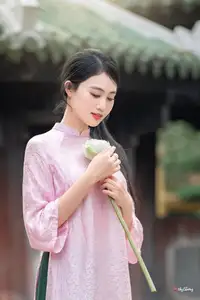 VGU No.163: The Graceful Beauty of a Vietnamese Girl in Traditional Pink Ao Dai Amidst Ancient Architecture-3