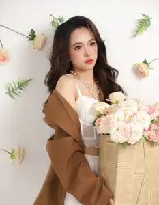 VGU No.177: Elegant Muse: Alluring Beauty in Brown Blazer & White Lace Amidst a Dreamy Floral Setting-3