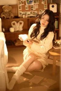 VGU No.93: Cozy Comfort: Girl Reading a Book in a Warm Sweater, Embracing Relaxed Home Style.-5