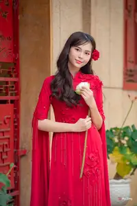 VGU No.188: Captivating Elegance: Vietnamese Beauty in Red Áo Dài with Sacred Lotus Flower.-10