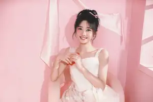 VGU No.189: Discover the sweet beauty of the girl in a white dress, charming with a unique style in a dreamy pink setting.-8