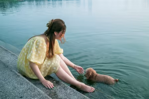 VGU No.135: Capturing Youthful Radiance: Girl in Yellow Dress Finds Serenity by the Lakeside.-4