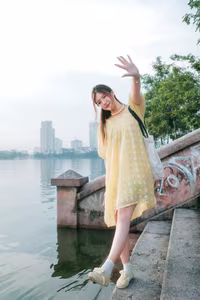 VGU No.135: Capturing Youthful Radiance: Girl in Yellow Dress Finds Serenity by the Lakeside.-10