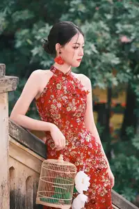 Graceful Asian Woman in Vibrant Red Floral Dress: Timeless Elegance by the Ancient Tree 1000024556-8