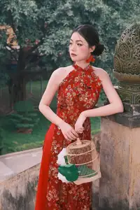 Graceful Asian Woman in Vibrant Red Floral Dress: Timeless Elegance by the Ancient Tree 1000024556-4