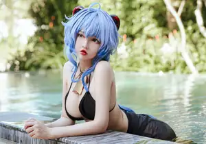 Coser Potato Godzilla's Alluring Ganyu Bikini Cosplay by the Pool-0
