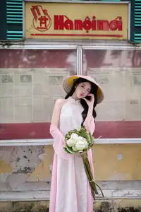 VGU No171: Vietnamese Beauty Graces a Flower Garden in Elegant Pink Ao Dai and Conical Hat-0