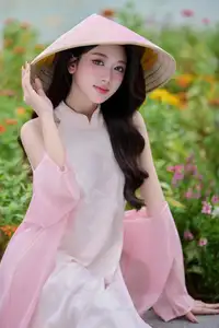 VGU No171: Vietnamese Beauty Graces a Flower Garden in Elegant Pink Ao Dai and Conical Hat-1