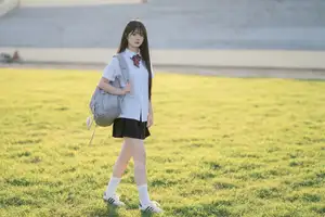 Youthful Schoolgirl in Uniform: Serene Golden Hour Beauty, a Glimpse into Nostalgic Student Life.-14