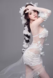 VGU No.125: Ethereal Beauty Unveiled: A Delicate Muse in White Lace and Feathers, Captivating Hearts with Angelic Grace.-0