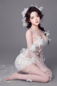 VGU No.125: Ethereal Beauty Unveiled: A Delicate Muse in White Lace and Feathers, Captivating Hearts with Angelic Grace.-1