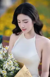 Elegant Muse in Silk Dress Amidst Blooming Garden: Captivating Asian Beauty 1000025196-5