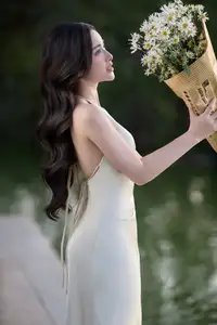 Elegant Muse in Silk Dress Amidst Blooming Garden: Captivating Asian Beauty 1000025196-2