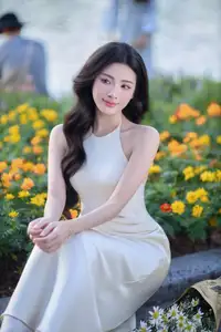 Elegant Muse in Silk Dress Amidst Blooming Garden: Captivating Asian Beauty 1000025196-0