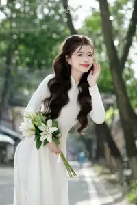 Vietnamese Schoolgirl Gracefully in Pure White Ao Dai Traditional Conical Hat and Lilies-6