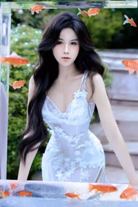 VGU No.12: Enchanting Ethereal Beauty Long-Haired Girl Amidst Shimmering Goldfish-0