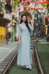 VGU No.79: Elegant Vietnamese Ao Dai Beauty on Hanoi Train Street-11