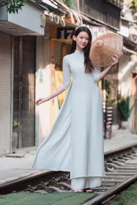 VGU No.79: Elegant Vietnamese Ao Dai Beauty on Hanoi Train Street-9