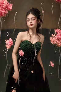 VGU No.40: Elegant Muse in Dreamy Evening Gown, Captivating Beauty Amidst Falling Petals-6