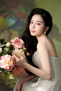 VGU No.98: Elegant Beauty in White Dress with Fresh Flowers – A Timeless Allure.-12