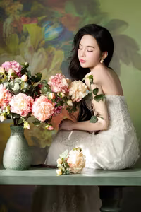 VGU No.98: Elegant Beauty in White Dress with Fresh Flowers – A Timeless Allure.-8