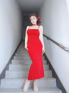 Stunning Coser Baiyin in a Red Dress: Elegant Allure on the Staircase [Fantia]-4