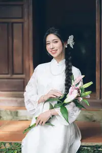 Charming Young Woman in White Lace & Orchids: Radiant Natural Beauty Amidst Greenery 1000026906-11