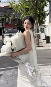 VGU No.8: Young Woman in White Dress with Pristine White Rose Bouquet and Charming Smile.-5
